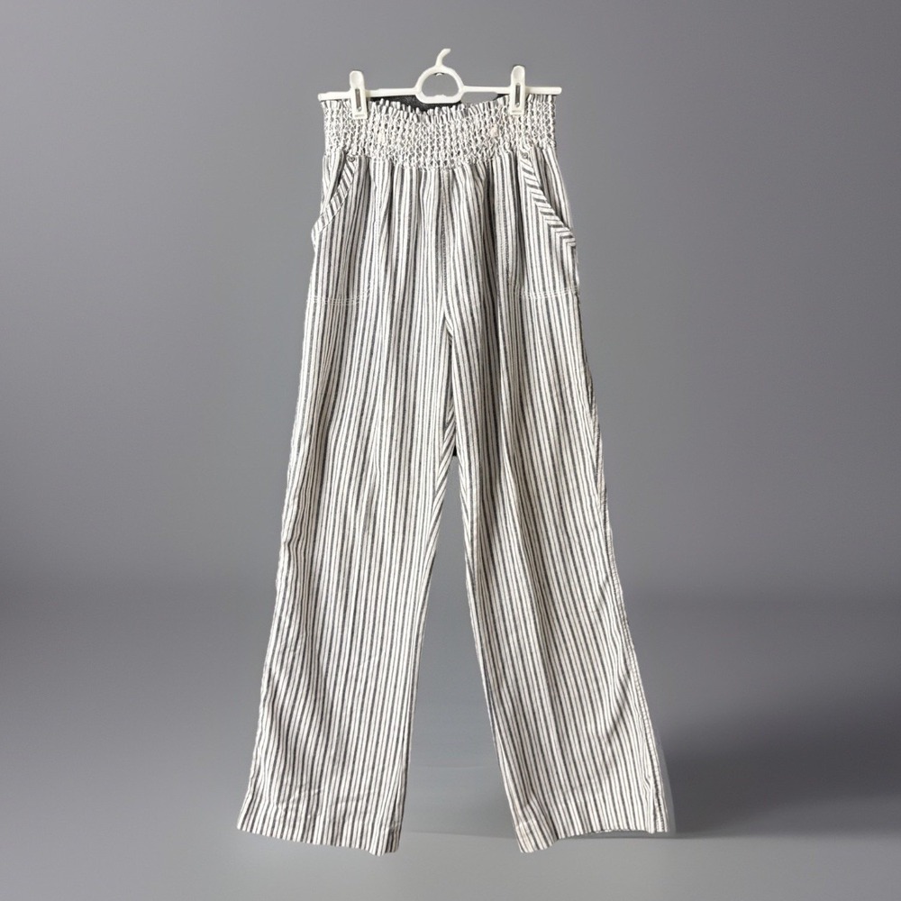 C Sono Striped Wide Leg Pants Women Size L White Blue Smocked Waist Linen Blend